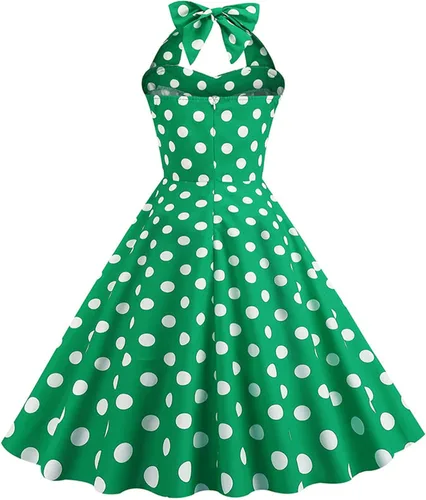 Vista 4 de Vestido retro Rockabilly Audrey Hepburn de los años 1950 para mujer, vestido de fiesta de cóctel y té con lunares halter de los años 50 y 60