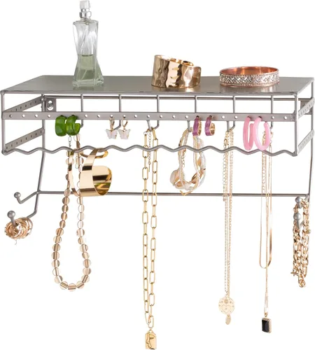 Vista 2 de Estante negro de 13.5 pulgadas para montaje en pared. Bastidor para guardar productos de joyería y accesorios Estante organizador para aretes