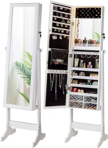 Vista 8 de LUXFURNI Armario de joyería de pie de longitud completa, espejo de 60 pulgadas con almacenamiento