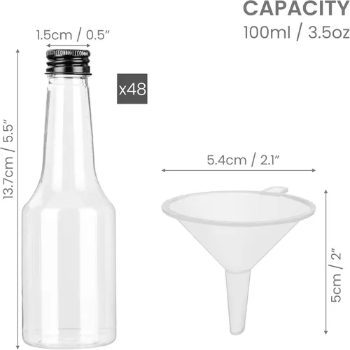 Vista 4 de Belle Vous Paquete de 48 mini botellas de licor – Botella de alcohol vacía de plástico reutilizable de 3.4 onzas líquidas con tapa de rosca negra