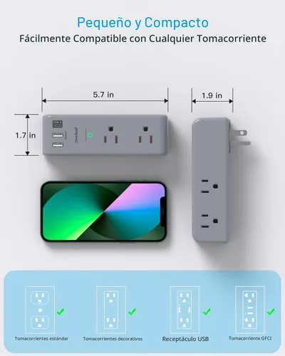 Vista 7 de Extensor de salida protector de sobretensiones, con enchufe giratorio, 6 tomas de corriente alterna con 3 puertos USB (1 USB C), 1800 julios