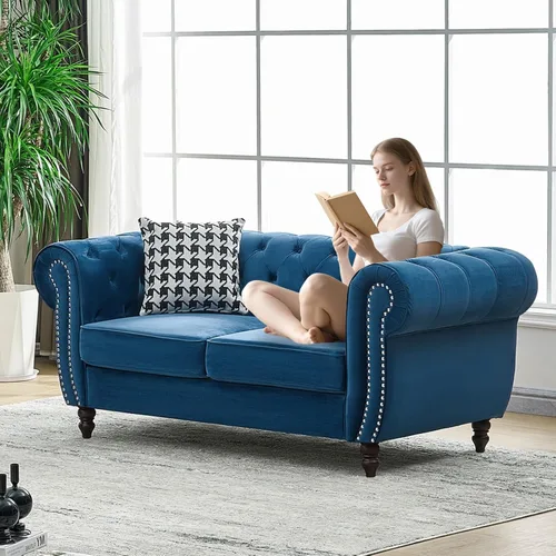 Vista 5 de Juego de 2 sofás de terciopelo negro moderno de mediados de siglo, sofá y sofá biplaza con botones copetudos, muebles para la sala, cómodo sofá Azul