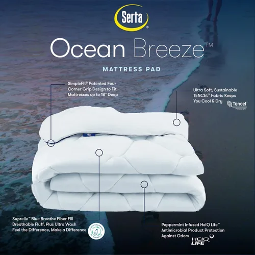 Vista 5 de Serta Ocean Breeze - Protector de colchón elástico ajustable y transpirable con relleno de fibra sostenible y funda Tencel para todas