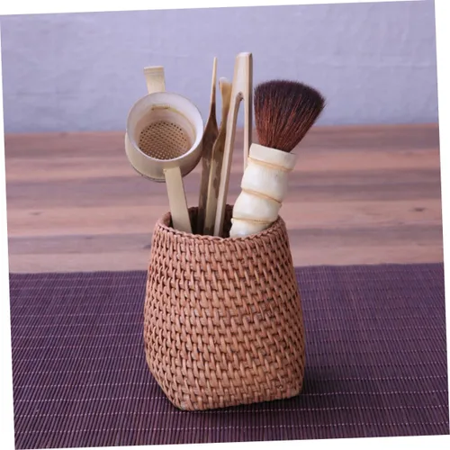 Vista 3 de ABOOFAN Juego de té tejido de ratán de 2 piezas, cesta de almacenamiento, contenedor de pluma, recipiente de té, decoración del hogar, cesta tejida