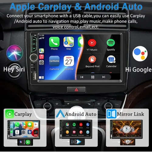 Vista 2 de Estéreo de coche de doble DIN con cámara de tablero, compatible con Apple Carplay, Android Auto, receptor de radio de coche con pantalla táctil de 7