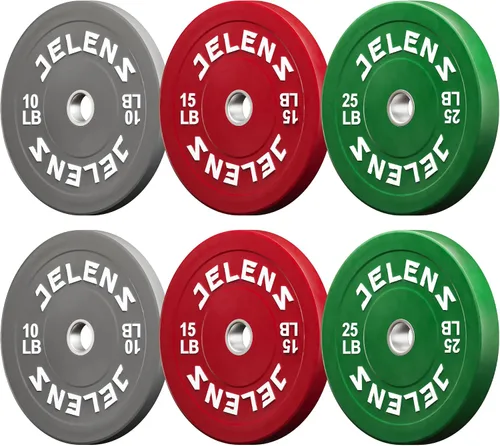 Vista 15 de Juego de Placas de Peso para Barra Olímpica JELENS, Juego de Pesos de Goma de 2 Pulgadas Negro/Colorido para Entrenamiento de Fuerza y Levantamiento