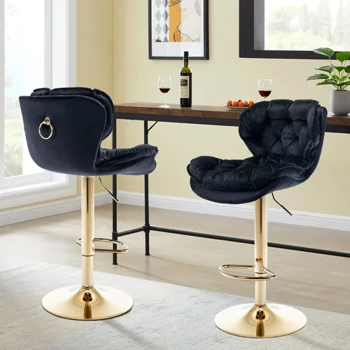 Vista 6 de Juego de 2 taburetes de bar giratorios de terciopelo de 360°, modernos taburetes giratorios de altura ajustable con respaldo y base de metal dorado