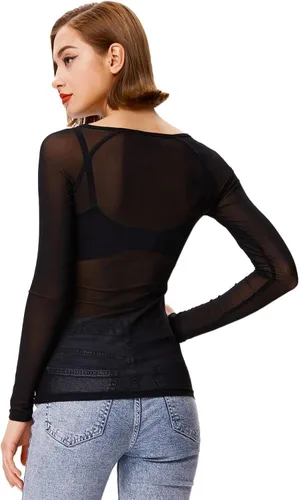 Vista 5 de Tops básicos de malla transparente de manga larga para mujer