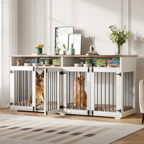 Vista 7 de Jaula para perros de 72 pulgadas para 2 perros, jaula de madera para perros con compartimento de almacenamiento, perrera de interior con 4 puertas