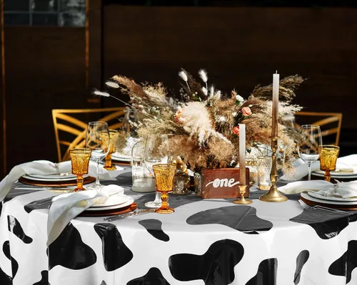 Vista 8 de Remagr Mantel redondo de plástico con estampado de vaca, 3 piezas, 84 pulgadas, desechable, con temática de vaca, para fiesta de cumpleaños