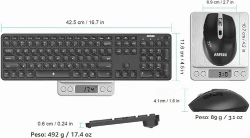 Vista 6 de Arteck Teclado y Ratón Bluetooth Universal Multidispositivo Teclado Bluetooth Inalámbrico de Tamaño Completo y Conjunto de Ratón Ergonómico