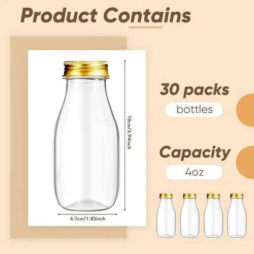 Vista 2 de Roshtia Paquete de 30 mini botellas de leche de plástico de 4 onzas (4.1 fl oz), botellas de jugo a granel con tapas, recipientes pequeños