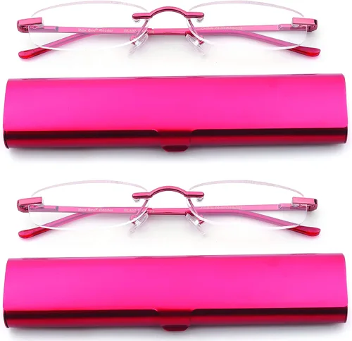 Vista 5 de Newbee Fashion - Paquete de 2 lentes de lectura compactos y delgados en estuche de aluminio, sin marco, súper ligeros, color azul, aumento de 1.00