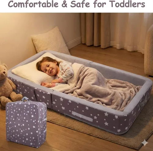 Vista 2 de Cama plegable para niños pequeños con lados, cama plegable para niños de 18 meses a 5 años (rectangular, corona)