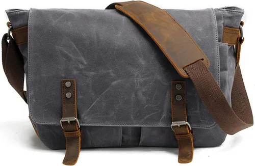 Vista 10 de HuaChen Mens Messenger Bag, Vintage Genuine Leather Waxed Canvas Shoulder Bag for 14" Laptop,Rugged Briefcase Satchel
