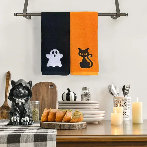 Vista 2 de Sarybei Juego de 2 toallas de baño para Halloween, toallas de mano de gato negro bordado de algodón puro y fantasma, toallas de baño ultra