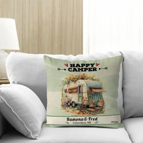 Vista 2 de Personalized Happy Campers Throw Pillow Cover RV Campsite Decoration Pillow Case Fireplace Camping Decor Cushion Cover for Sofa Couch Bed 18x18 Inch