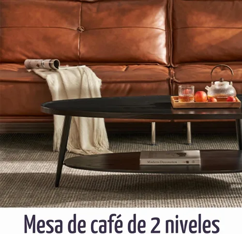 Vista 5 de Saint Mossi - Mesa de centro negra moderna para sala de estar, mesa de centro ovalada de madera de mediados de siglo, mesa central de doble capa