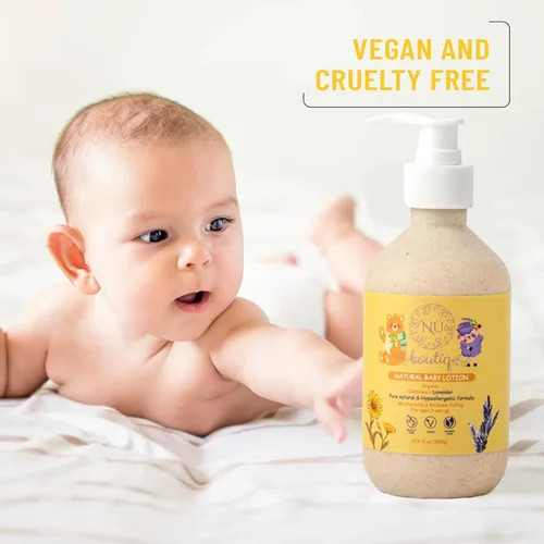 Vista 6 de Loción vegana orgánica para bebés, caléndula y lavanda para una hidratación suave durante el sueño, recién nacidos y todo tipo de piel, botella