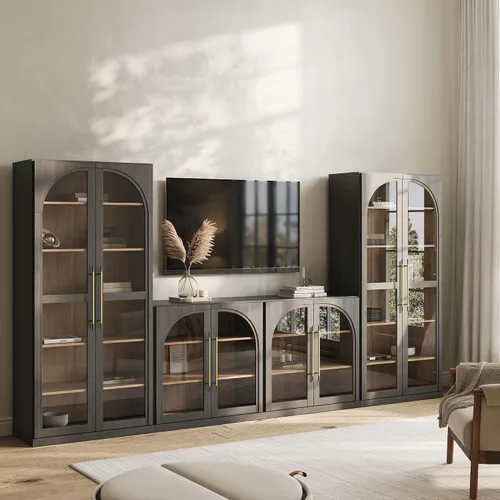 Vista 42 de BELLEZE Centro de entretenimiento modular de 4 piezas con almacenamiento, 2 vitrinas de madera moderna con gabinete arqueado y 2 armarios de puerta
