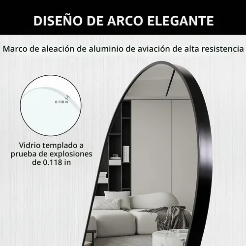 Vista 4 de ZHUNFA - Espejo de pie en forma de arco de longitud completa, espejo de piso ovalado de longitud completa, espejo de pared grande con arco superior