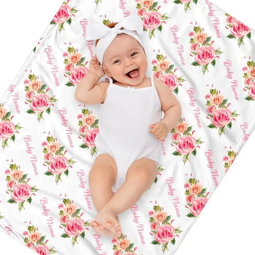 Vista 2 de Mantas de bebé personalizadas para niñas con nombre, manta de rosa rosa para bebé, niña, recién nacida, artículos esenciales imprescindibles