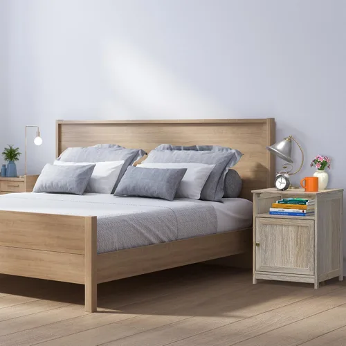 Vista 2 de SHW Mesa auxiliar con cajón de almacenamiento, mesa auxiliar compacta para sala de estar, dormitorio u oficina, arce