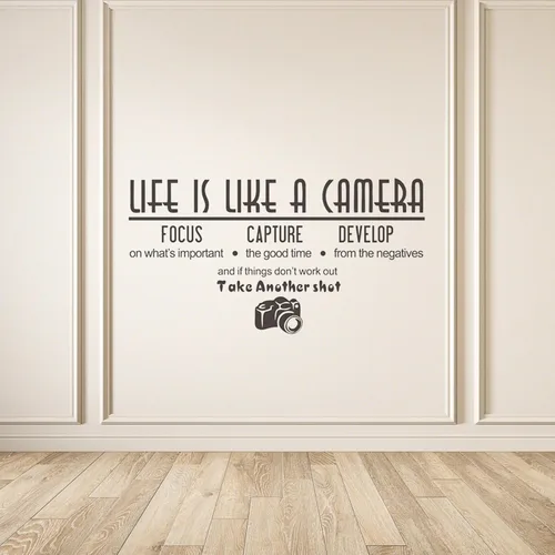 Vista 8 de Adhesivo decorativo para pared, diseño de la vida artística es como una cámara, vinilo con cita de fotografía, decoración de pared extraíble