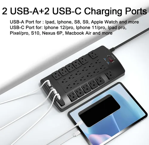 Vista 3 de QINLIANF Protector contra sobretensiones Regleta de enchufes - Cable de extensión de servicio pesado con enchufe plano de 6 pies con 24