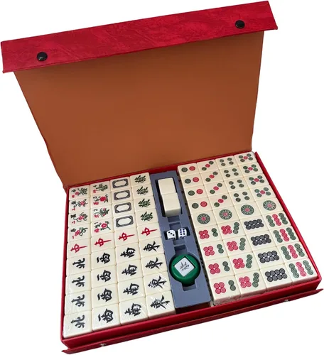Vista 5 de THY COLLECTIBLES Juego de mahjong chino tradicional 144 + 2 azulejos de colores de repuesto (marfil)