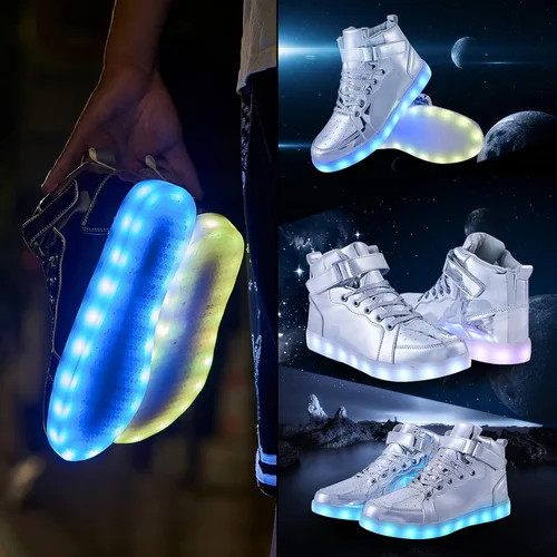 Vista 5 de Zapatos con luz LED para niños, tenis de caña alta para niños y niñas, zapatos de baile hip-hop para Halloween, fiesta de Navidad con carga USB