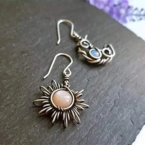 Vista 3 de COLORFUL BLING Aretes colgantes bohemios de ópalo con forma de sol y luna, piedra de luna, gancho de piedra natural, bohemios para mujeres y niñas