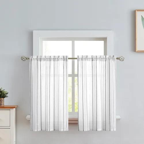 Vista 9 de SXZJTEX Cortinas de cocina para cafetería, cortinas traslúcidas a rayas negras, patrón de rayas finas, estilo rústico, cortinas cortas para baño