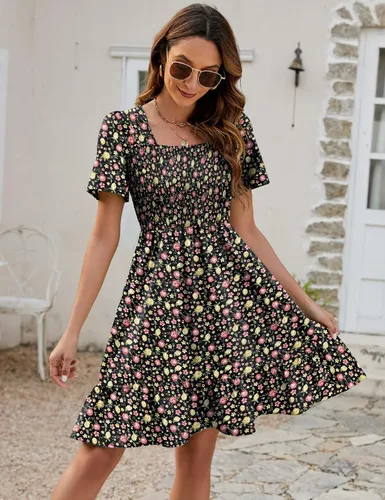 Vista 2 de Qirno Vestido corto de gasa para mujer, casual, cuello cuadrado, con vuelo, manga corta, fruncido, escalonado, acampanado, de gasa, S-XL