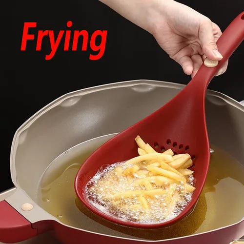 Vista 6 de Utensilios de cocina, colador de alimentos de silicona con asa, cuchara coladora grande, cuchara ranurada, resistente al calor para alimentos