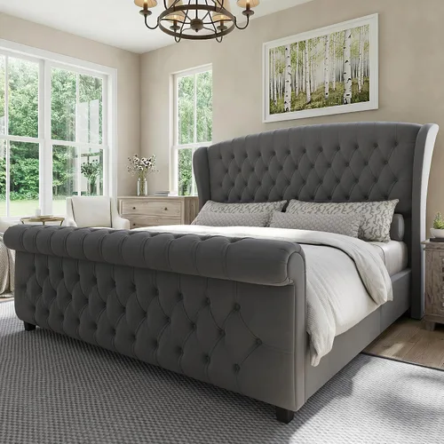Vista 17 de LUXOAK Estructura de cama tapizada tamaño Queen con cabecera capitoné Negro