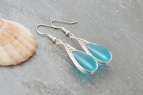 Vista 61 de Yinahawaii Handmade Sea Glass Earrings, Hawaiian Jewelry, Wire Braided Earrings Teardrop Earrings, Beach Jewelry Sea Glass Jewelry For Women Cobalt
