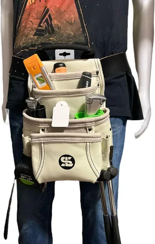 Vista 7 de Versátil bolsa de herramientas de cuero de grano superior de 10 bolsillos con martillo y soporte de cinta, accesorio para cinturón, ideal