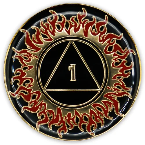 Vista 3 de Moneda de sobriedad de 1 año Flames AA Chip Medallion Recovery Gift Aniversario Token con Alcohólicos Anónimos Afirmación de promesa de décimo paso