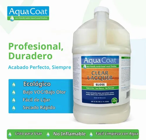 Vista 3 de Aqua Coat - Laca transparente con acabado brillante, a base de agua de primera calidad para madera y plástico, secado rápido, no se amarillea
