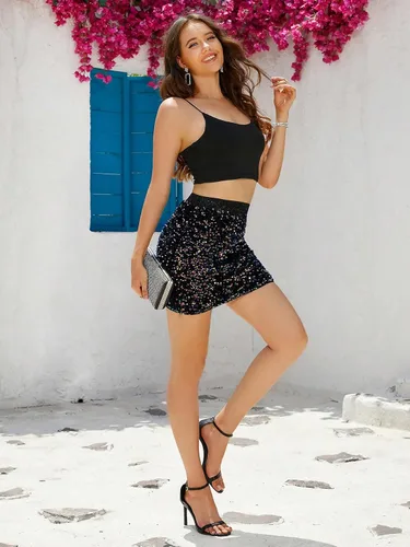 Vista 2 de OYOANGLE Minifalda entallada con lentejuelas brillantes y cintura alta para mujer, para salir a fiestas, club