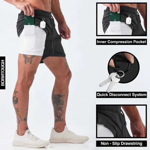 Vista 2 de Born Tough Pantalones cortos de entrenamiento 2 en 1 para hombre, pantalones cortos de gimnasio con entrepierna de 7 pulgadas, pantalones cortos