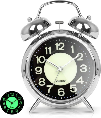 Vista 10 de AYRELY® Reloj despertador de campana doble súper fuerte para adultos de sueño pesado, 4 pulgadas, retro, silencioso, sin tictac, con luz nocturna