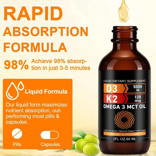 Vista 9 de Daiasns Vitamina D3 5000 UI y K2 (MK-7) 120 mcg 2.0 fl oz gotas con aceite MCT Omega 3, suplementos líquidos de vitamina D3 y K2 - Suministro de 2