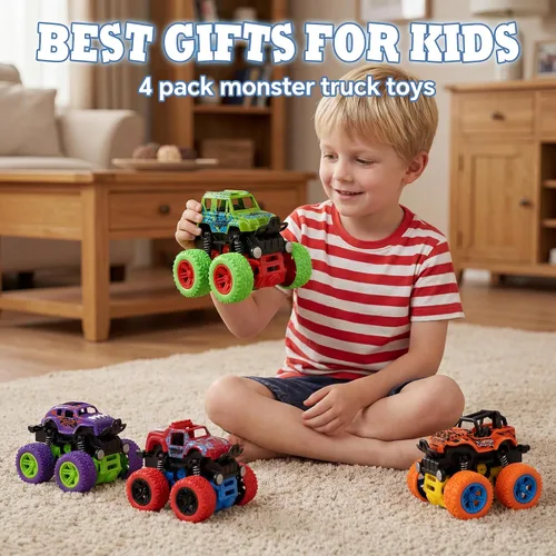 Vista 10 de Camión monstruo para niños de 3, 4, 5, 6, 7 años, paquete de 4 juguetes de automóvil impulsados por fricción Push and Go, juego de vehículos