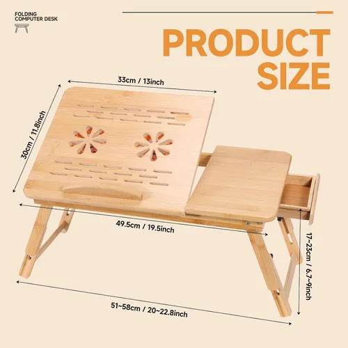 Vista 2 de JELNER Escritorio de bambú ajustable para laptop con ventilador de refrigeración, bandeja de cama plegable para desayuno, escritura y dibujo