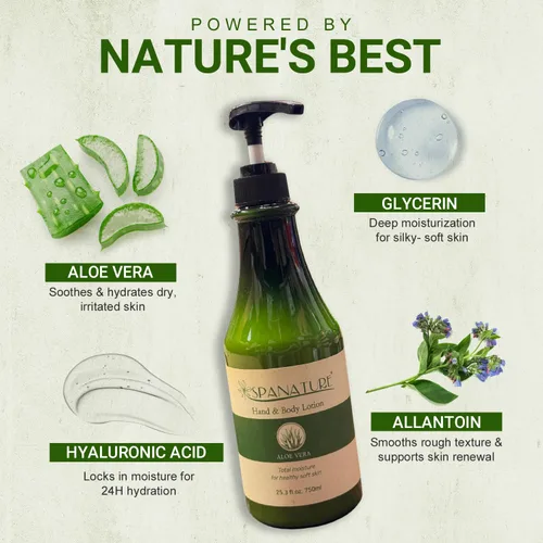 Vista 2 de Spanature Loción corporal de aloe vera premium para mujeres, alivio de quemaduras solares, loción calmante de aloe e hidratante corporal para piel