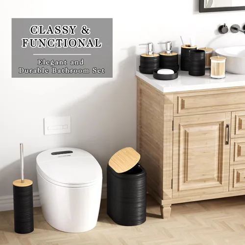 Vista 2 de XLHOMO Juego de 10 accesorios de baño color negro, juego de accesorios de baño de lujo con basura, cepillo de inodoro y 2 dispensadores de jabón