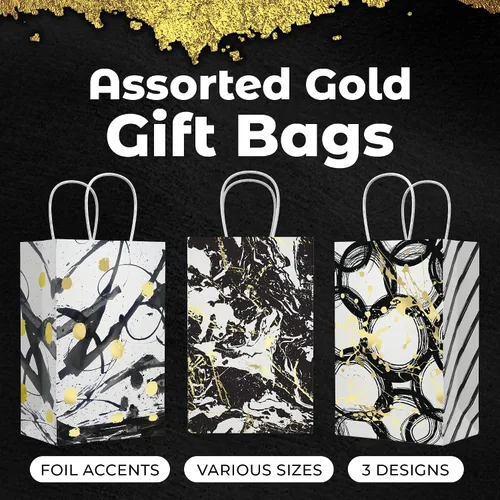 Vista 2 de HOUMY Bolsas de regalo doradas de 5.25 x 8 x 3.25 pulgadas (paquete de 10) para regalos pequeños y medianos, negro y cobre, blanco y dorado, fiesta