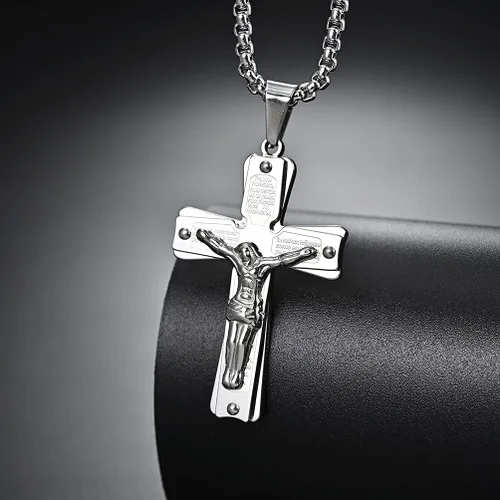 Vista 4 de Collar con colgante de cruz de oración del Señor de acero inoxidable con crucifijo de Jesucristo y versículo bíblico para hombresniñosmujeres